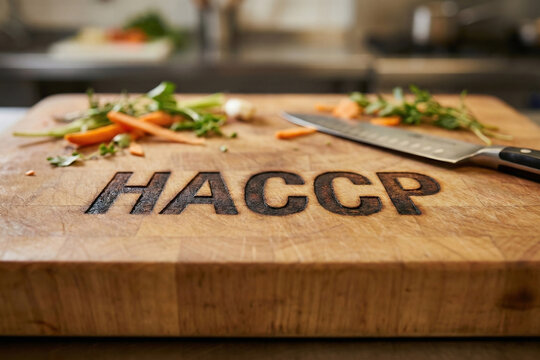 Close up of HACCP acronym branded on wooden chopping board with knife and fresh cut vegetables in commercial kitchen for food hygiene concept