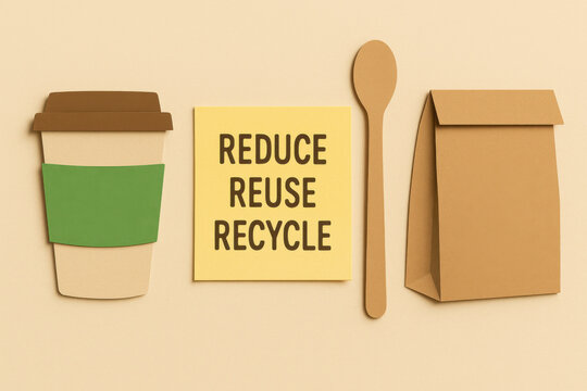 Reduce, reuse, recycle eco concept on minimalist background. paper cup and sustainable items for conscious lifestyle, promoting positive environmental message for future