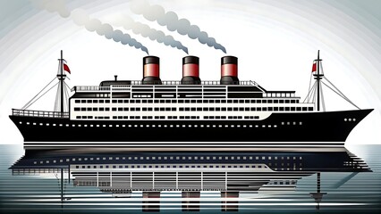 Fototapeta premium Vintage steamship sailing on calm water with reflection