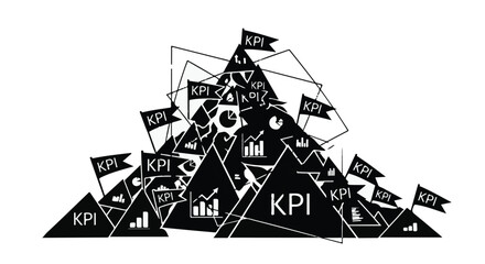 Abstract mountain peak adorned with KPI flags and business growth charts symbolizes success and achievement.