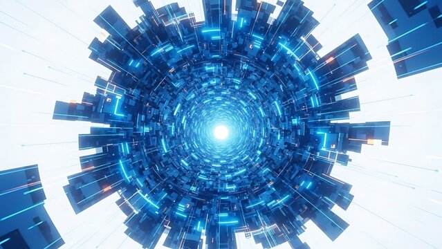 Abstract futuristic blue tunnel of light and digital structure