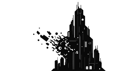 Abstract cityscape dissolving into fragmented shapes against a white background