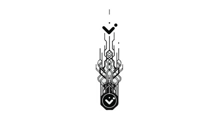 Abstract futuristic design with geometric patterns and a downward arrow symbol.