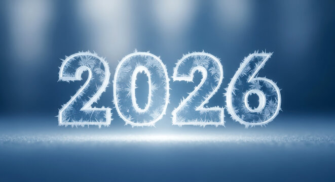 Icy frosted 2026 text, cool blue winter theme, new year event celebration