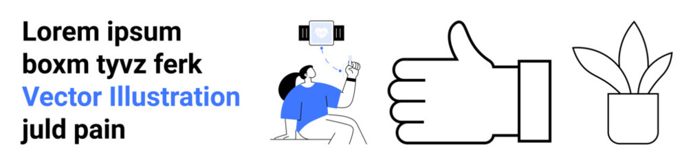 Social media, digital interaction, content creation, technology, user engagement, design elements. Woman holding a phone, large thumbs up symbol and potted plant. Social media and digital