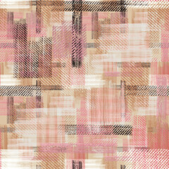 Seamless textured grunge abstract pattern. Beige, black, and pink strokes and stripes on a white background.