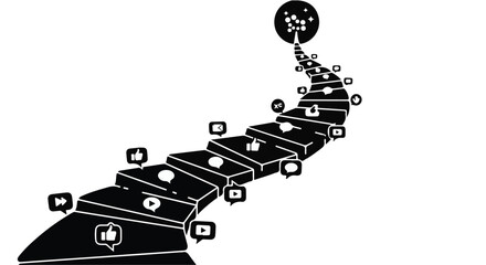 Staircase of social media icons leads to a bright goal, symbolizing online success and connection.