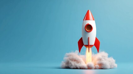 Bold rocket launch with vibrant red and white colors against a serene blue backdrop, embodying themes of innovation, startup success, and ambitious vision, perfect for business and technology projects