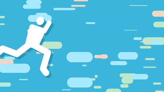 A white running figure against a teal backdrop with motion lines suggests speed and activity. Flat graphic animated cartoon