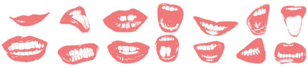 Set Halftone Mouth Vector Ideal for speech, retro pop art, communication, and expressive graphics. Symbolizes talking, expression, texture, and stylized communication.