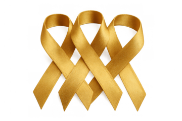 Group of gold awareness ribbons symbolizing childhood cancer support and solidarity. The ribbons are displayed on a transparent background