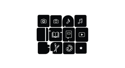 Collection of diverse creative icons representing art, music, photography, and learning in a modern grid.