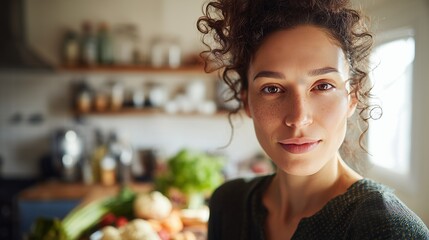 Portrait of a woman in a sunny kitchen, surrounded by fresh vegetables and herbs, suggesting a healthy lifestyle.