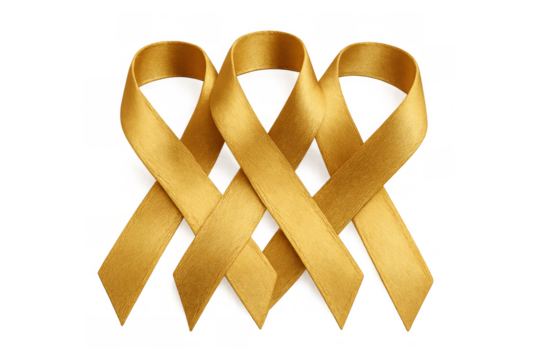 Group of gold awareness ribbons symbolizing childhood cancer support and solidarity. The ribbons are displayed on a transparent background - Powered by Adobe