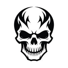 Fototapeta premium Stylized black and white graphic illustration of a menacing skull with flamelike or tribal markings on the forehead