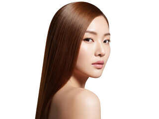 Young asian woman with lustrous long brown hair and glowing skin looking back.