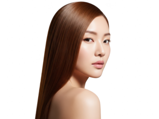Young asian woman with lustrous long brown hair and glowing skin looking back.
