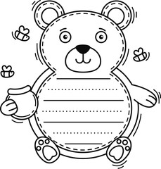 Grizzly bear cheerful animal kids memo note frame. Schedule page vector sticker, wild animal scrapbook memo note. Children planner list frame with bees and bear funny character holding honey jar