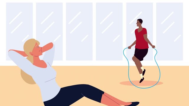 A woman does situps while a man jump ropes in a fitness studio with large windows. Flat graphic animated cartoon