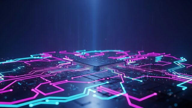 Futuristic glowing circuit board with central processing unit chip
