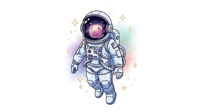 Cute cartoon astronaut floating in space illustration with sparkles
