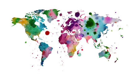 Fototapeta premium Global Watercolor: A vibrant, abstract rendering of the world map in a splash of watercolor, celebrating diversity and the interconnectedness of global landscapes.