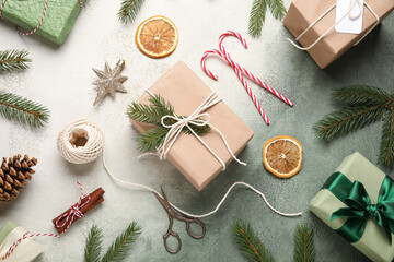 Christmas gifts on grunge background