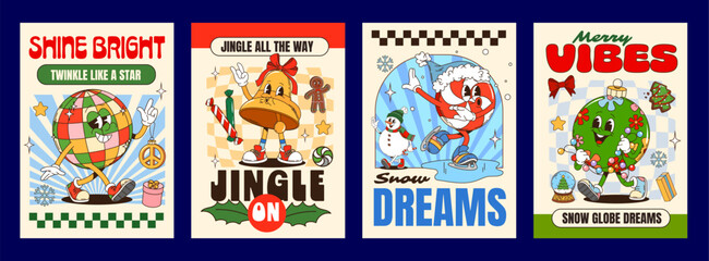 Vintage Christmas groovy hippie characters xmas posters. Vector retro holiday disco ball, Christmas bell, festive ornament and candy on ice skates, surrounded by snowflakes, bows and seasonal gifts