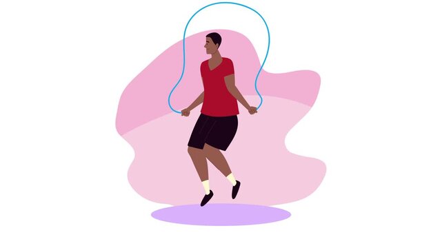 A person jumps rope in a red shirt and black shorts. Flat graphic animated cartoon