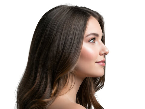 Side profile portrait of a young woman with long brown hair and natural beauty.