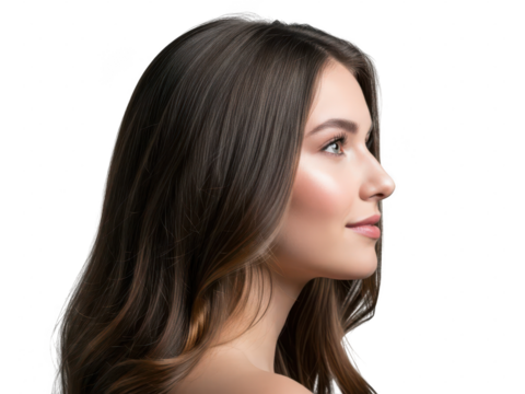 Side profile portrait of a young woman with long brown hair and natural beauty.