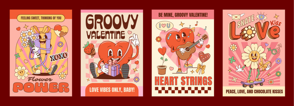 Valentine groovy hippie love characters posters with funky heart and flower, cartoon vector. Valentine day Y2K groovy funny heart character with guitar, love gift and daisy flower on retro posters