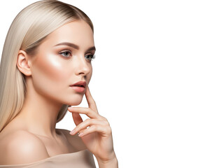 Portrait of a thoughtful young blonde woman with natural makeup and glowing skin.