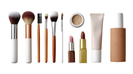 Beauty Essentials: A carefully curated collection of cosmetic brushes, lipsticks, and creams, artfully arranged to capture the essence of elegance and sophistication.