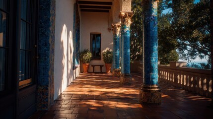 Fototapeta premium Mediterranean-style mansion balcony with aged terracotta floors and blue mosaic columns natural sunlight casting rim light across edges