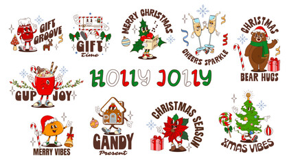 Christmas characters hippie y2k groovy xmas stickers. Cartoon vector singing holly, cocoa cup and bear, festive envelope, mandarin in Santa hat, gingerbread house cookie with poinsettia and pine tree