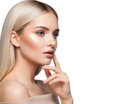 Portrait of a thoughtful young blonde woman with natural makeup and glowing skin.