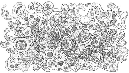 Monochromatic abstract landscape of intricate, hand-drawn cellular structures and organic patterns
