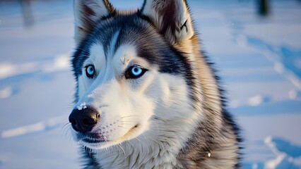 Closeup of a beautiful husky with blue eyes in the snow on a sunny day