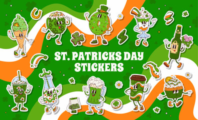 Naklejka premium Funny groovy St Patrick day characters of Irish holiday desserts and drinks, cartoon vector. Groovy green ale beer mug with funny face, donut in leprechaun hat with Saint Patrick cupcake characters