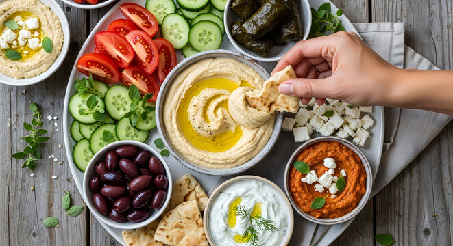 A vibrant Mediterranean mezze platter with hummus, tzatziki, red pepper dip, fresh vegetables, olives, feta cheese, dolmades, and pita bread, with a hand dipping into hummus.
