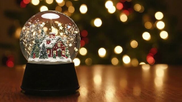 Magical Christmas snow globe with winter house on wooden table against glowing bokeh holiday lights