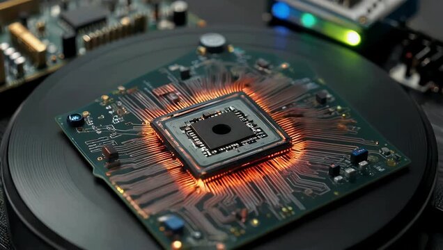 Macro 4K close up of microchips on a rotating circuit board with flashing alert lights showcasing detailed CPU processor components transistors and semiconductors perfect for technology electronics
