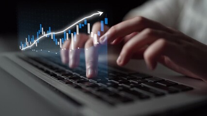 A close-up view of hands typing on a laptop, enhanced with a digital graph overlay depicting an upward trend, symbolizing financial growth and data analysis. Copula - Powered by Adobe