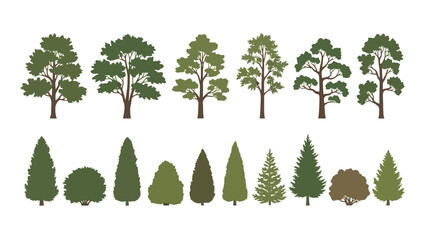 Stylized vector illustrations of various green trees, including deciduous and coniferous types, alongside garden bushes and shrubs, perfect for landscape design