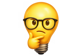 Light bulb emoji character wearing glasses, thinking, pondering, considering new ideas and intellectual concepts