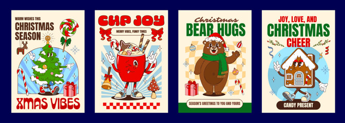 Christmas groovy hippie characters vintage posters. Vector festive retro greeting cards with cartoon decorated tree, hot cocoa mug, cheerful bear, and gingerbread house with seasonal holiday gifts