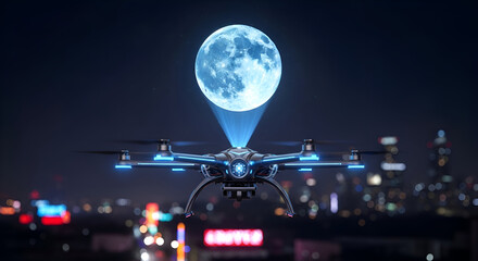 Futuristic drone projecting a vibrant moon hologram over a glowing cityscape at night creating a sense of innovation and futuristic technology exploration