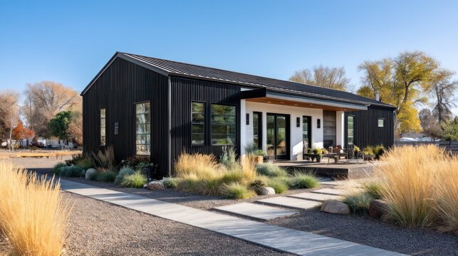 Midwestern American farmhouse reimagined with modern black cladding white trim and minimalist landscaping of gravel paths and prairie