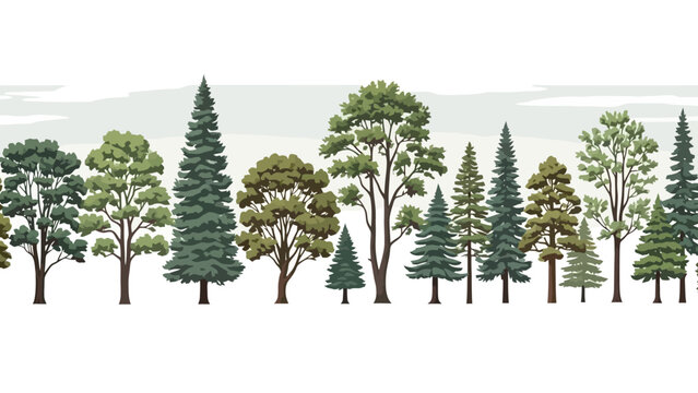 A seamless pattern of diverse coniferous and deciduous trees, evoking a serene forest landscape